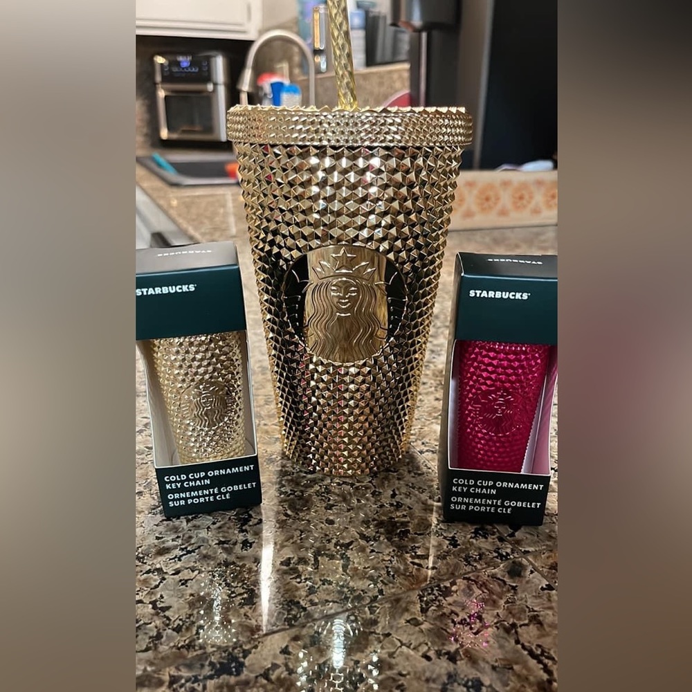 Starbucks grande gold studded with keychain + pink studded grande with keychain